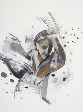 Margaret Curtis  Woman Swarmed by Flies (small), 2019  Ink on paper  14h x 11w in 35.56h x 27.94w cm  Framed: 18h x 14 1/2w in 45.72h x 36.83w cm, Drawing of woman swatting flies, central composition, 3/4 length figure, rust, white and black ink wash