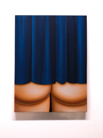 A dark blue pleated curtain falls just above the bare buttocks of a figure.