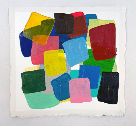 abstract work on paper with a series of brightly colored stacked blocks overlapping one another