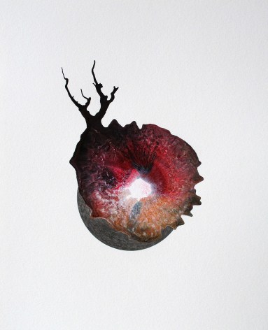 Ben Nixon Fantasy Island, 2021, central composition with red, maroon and yellow spherical shape with black spider like forms reaching to the top left corner