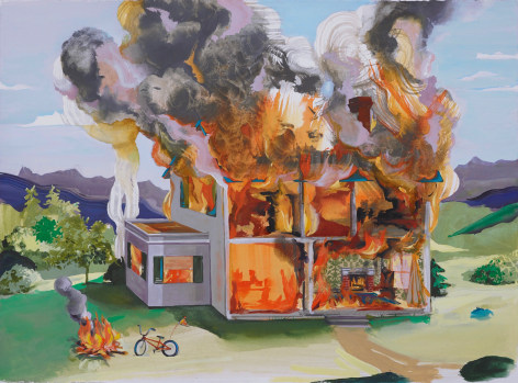 Margaret Curtis  Nostalgia, 2020  gouache and charcoal on paper  22h x 30w in 55.88h x 76.20w cm  Framed: 24 1/2h x 32w in 62.23h x 81.28w cm, cross section of a house on fire