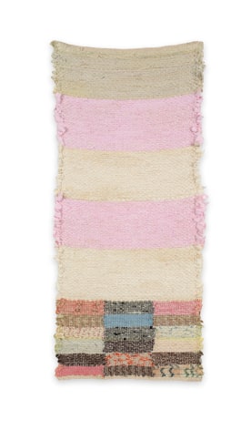 Rachel Meginnes  Candy, 2020  Handwoven vintage quilt fragments, cotton, and linen  22h x 10w inches  $800 unframed (framing $150), vertical, colorful abstract weaving (pink, yellow, red, blue