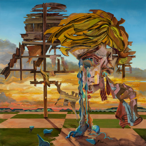 Oil on panel of a collapsing billboard with a weeping female figure set in a barren landscape