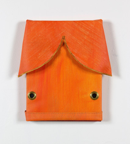 Susan Metrican  Side Mouth, 2019  Acrylic on canvas, thread, grommets  12 1/4h x 12 2/5w in 31.12h x 31.50w cm  Painted edition of 9  SM_001, bright orange painting that has the appearance of a goldfish, two grommets fo eyes and fabric additions