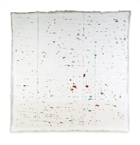 Lydia See  35.4275927,-83.4446604 Appalachian Dream, 2019  pieced salvaged construction mesh, thread, wool salvaged from closed rug weaving mill  55h x 55w in - mixed media embroidery of acrylic on vintage cloth with thread