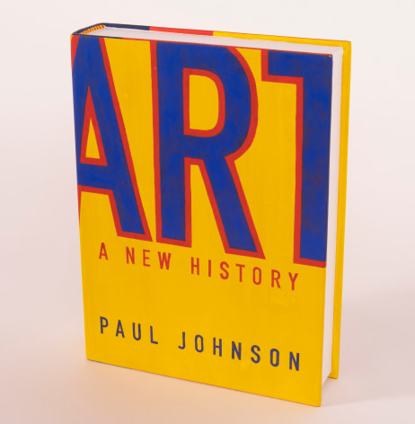 Hand carved, hand painted wood replica of an art history book. Sculpure is bright yellow with the words ART on the front