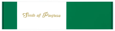 Long green rectangle with text saying 'Seeds of Progress' on left side.