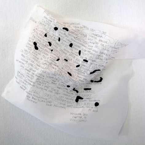 Kathryn Clark  Wunderkammer 7, 2019  ink, machine and hand embroidery on cotton organdy  22h x 8w x 4d in - white cotton wall sculpture with words written in ink