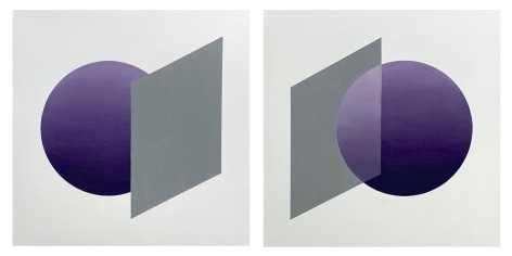 Geometric abstract diptych painting with spheric and rectangular shapes, by Ralston Fox Smith