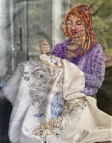 Embroidered image of woman embroidering