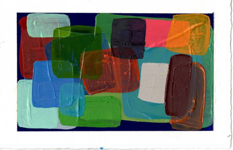 abstract work on paper with several layers of colored square and rectangles