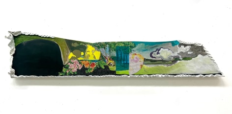 long narrow, mixed media pastoral landscape, framed with paper clay leaves and other ornamentations