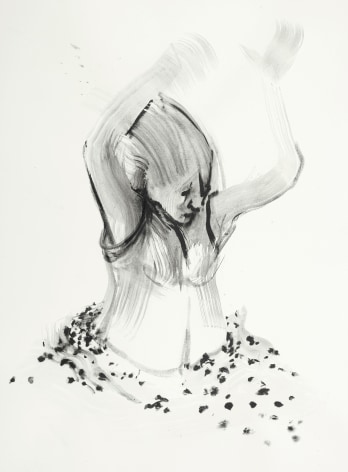 Margaret Curtis  Woman Swarmed by Ants, 2019  Charcoal on paper  30h x 22w in 76.20h x 55.88w cm  Framed: 33h x 25w in 83.82h x 63.50w cm, Gestural drawing of a woman being swarmed by ants, arms in the air, 3/4 length body, central compositions, black and grey ink wash