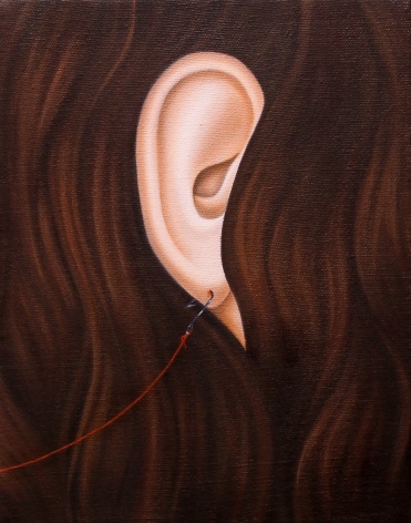 small oil paitning of an ear surrounded by flowing brown hair. A red line comes from the lower left corner and is attached to the earlobe by a small fish hook