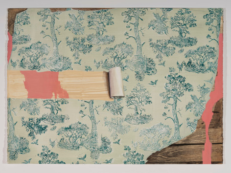Painting of wall paper with piece rolled back exposing wood underneath