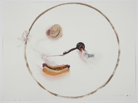 Margaret Curtis  Smiley Face: Portrait at Six, 2020  gouache and ink on paper  22h x 30w in 55.88h x 76.20w cm, smiley self-portrait, with a confection and a pipe as eyes and a hot dog mouth