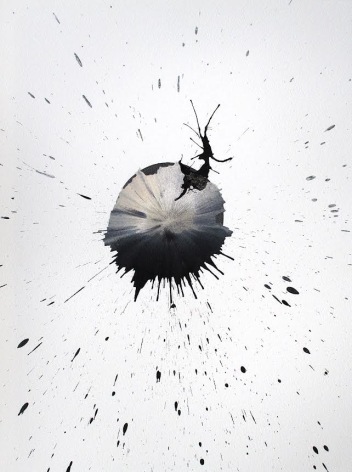Ben Nixon Host, 2021, grey, white and black sphere in the center with black splatter around the rest of the paper