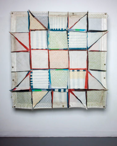 Lydia See  35.4275927,-83.4446604 Appalachian Dream, 2019  pieced salvaged construction mesh, thread, wool salvaged from closed rug weaving mill  55h x 55w in -Weaved salvaged construction mesh, thread and wool together