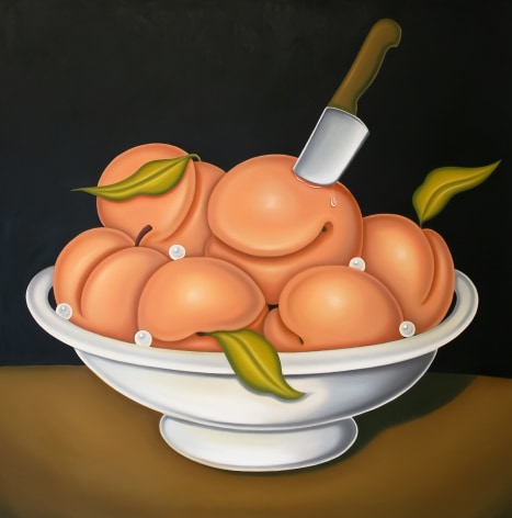 A white bowl of ripe peaches and pearls sits on a brown surface, there is a sharp knife slicing through the flesh of one of the peaches and stands up to the right corner