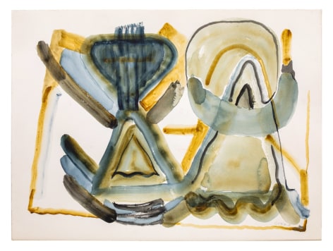 Gerald van de Wiele  Celebrants, 2019  Watercolor on paper  18h x 24w in, horizontal abstraction, triangular and circular shapes in greens and blues