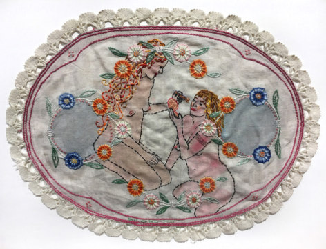 Orly Cogan  Sisterhood, 2005  Hand Stitched embroidery, crochet and paint on vintage doily  17h x 21 1/2w in, female nudes