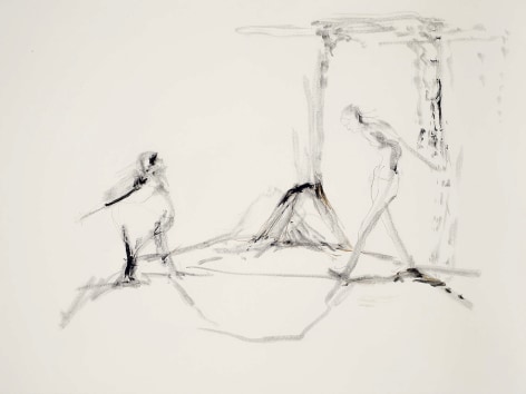 Margaret Curtis  Study in Self-Loathing, 2019  Charcoal and ink on paper  22h x 30w in 55.88h x 76.20w cm  Framed: 25h x 33w in 63.50h x 83.82w cm, gestural drawing of a tall, lean figure, pacing