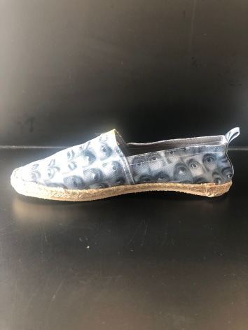 Randy Shull  Custom Randy &quot;Eye&quot; Shoes Sizes vary, 2019  Fabric, rubber, jute  Dimensions Variable  RS_030  $ 75.00, fabric shoes with photos of eyes across them