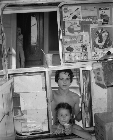 1970s black and white photograph of kids at an ice cream truck, by Mike Smith