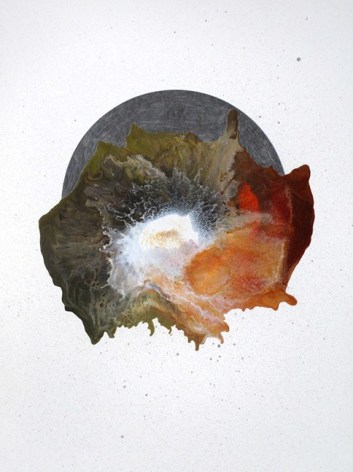 Ben Nixon Proxima, 2021, small acrylic abstraction with large graphite sphere and red, yellow and black acrylic