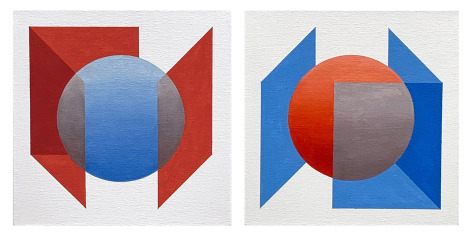 Geometric abstract diptych painting with spheric and rectangular shapes, by Ralston Fox Smith