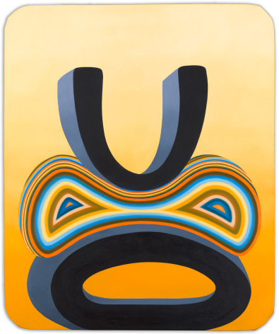 Anthropomorphic totemic figure on a yellow background