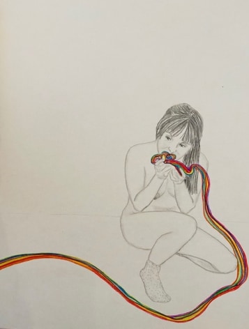 Orly Cogan  Devouring Rainbows, 2020  Colored pencils and granite on paper  18h x 12w in 45.72h x 30.48w cm, drawing of the artist, nude, eating a rainbow which extends from the left to right lower corner of the paper