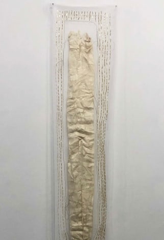 April Dauscha  Sash, 2020  Tulle, the artist's great-grandmother's sash, thread, glass beads  98h x 15w in Silk sash under tulle with beads