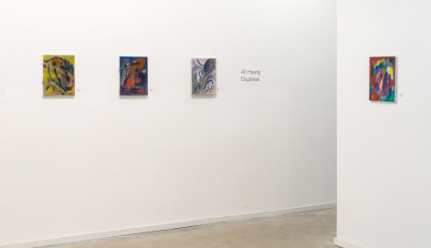 Gallery installation view of exhibition of small abstract landscape paintings by An Hoang, 2021