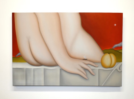 A Rubeneaque figure sits on the side of a pool next to a ripe peach, in the background two volcanoes smoke against a fiery red sky