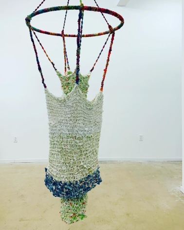 Mo Kessler  Casseroles are always better the next day, 2021  Yarn, Used Bed Sheets, Hula Hop and Chain  11h x 15w x 15d feet  MK_001, hanging installation made with colorful yarn, a hula hoop and woven bedsheets
