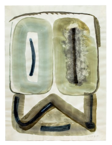Gerald van de Wiele  Polyphemus, 2019  Watercolor on paper  24h x 17 7/8w in, vertical abstraction of aztec patterns in  greens and grays