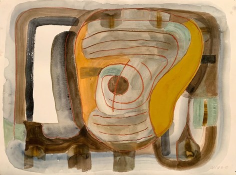 Gerald van de Wiele  Hot Wired, 2019  Watercolor and red conte crayon on paper  17 7/8h x 24w in, abstract work on paper with ochre, browns and some green, abstraction of a tree cross section.