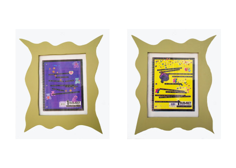 Lex Turnbull  The Notebooks, 2020 - 2021   2 CMYK screen prints on bristol in artist made frames  Framed: 18h x 14w in each 45.72h x 35.56w cm each  Edition of 5  LT_001, diptych, 2 screen prints of scool notebooks (one purple, one yellow) with text in chartreuse, hand made, frames
