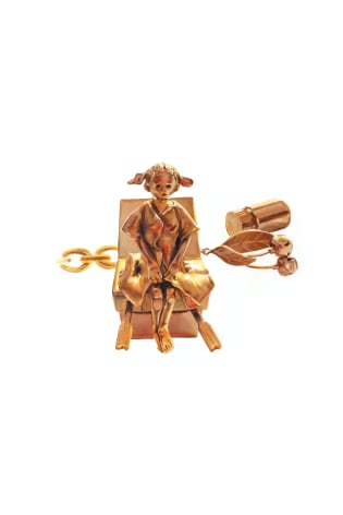 Margaret Curtis  First Pelvic, from the series &quot;A Charm Bracelet of My Reproductive Career&quot;, 2020  Oil on paper  22h x 15w in 55.88h x 38.10w cm  Framed: 25h x 18w in 63.50h x 45.72w cm, gold toned image of young woman on OBGYN table