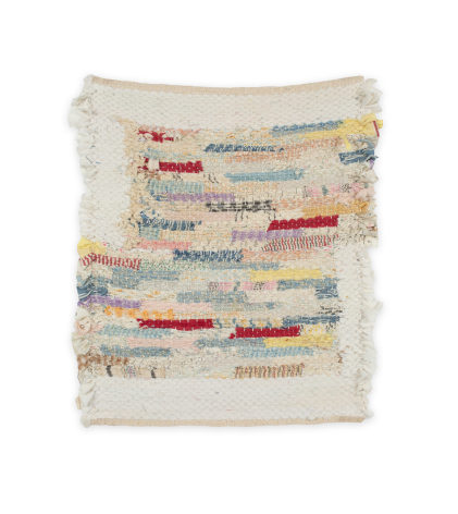 Rachel Meginnes  Pinstripe Block, 2020  Handwoven vintage quilt fragments, cotton, and linen  12h x 10w inches  $450 unframed (framing $100), square format, white and multicolored, abstract weaving