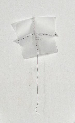 Kathryn Clark  Wunderkammer 6, 2019  Ink and hand embroidery on cotton organdy  18h x 7w x 5d in -white cotton wall sculpture, square shaped with thread going down the center