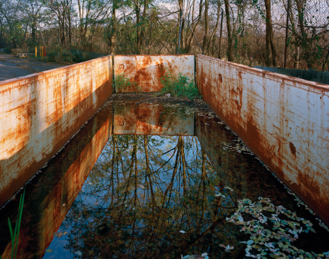 Large format color photograph of rusty dumpster with reflection of trees by Jade Doskow