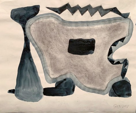 Gerald van de Wiele  Choc Mool, 2019  Watercolor and charcoal on paper  14h x 14w in, small horizontal abstraction in gray and blue