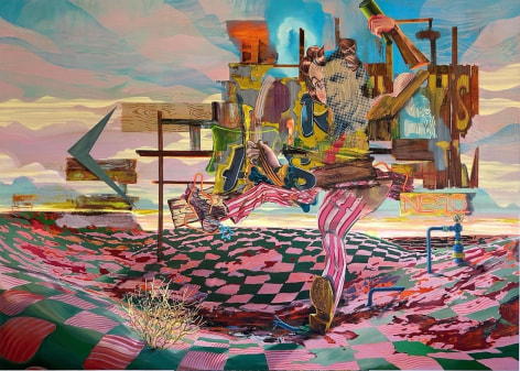 image of a cartoonish-wooden man putting himself together with a hammer and nails in a pink and green checkerboard landscape.