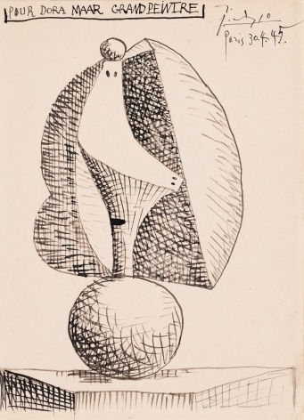 Pablo Picasso Dora Maar: 'Grand Peintre', April 30, 1945&nbsp;   Pen and India ink on the flyleaf of the book &quot;Le d&eacute;sir attrap&eacute; par la queue&quot; 7 1/2 x 5 1/2 inches
