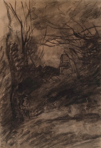 JEAN-BAPTISTE-CAMILLE COROT French, 1796-1875 . Figure en sous-bois, c. 1860-70 Charcoal on brown paper 17 1/8 x 11 3/4 in.
