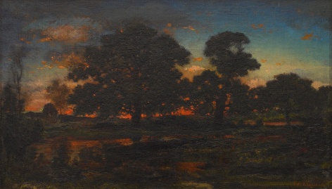 THEODORE ROUSSEAU French, 1812-1867 . Coucher de soleil, 1850-60    . Oil on cradled panel 10 3/4 x 18 1/8 in