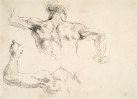 Eugene delacroix Torso of a Man Seen from Behind, Study for the Murals at The Salon du Roi, Palais Bourbon, Paris, 1833-37    Pencil on paper 7 1/4 x 10 1/8 inches