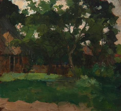 Piet Mondrian, Farm Buildings in Het Gooi, Veiled by Trees, c. 1898-1902&nbsp;&nbsp;&nbsp;   Oil on paper, on board 12 1/2 x 15 1/8 inches